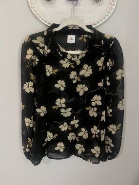 CAbi Black Floral Sheer Button-Front Blouse